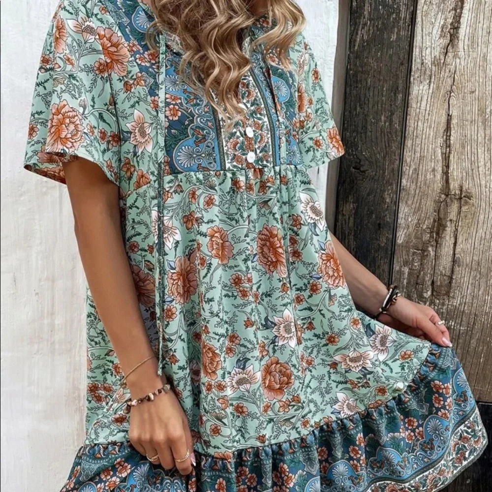 Floral Print Tie Neck Smock Mini Dress - Picture 7 of 7